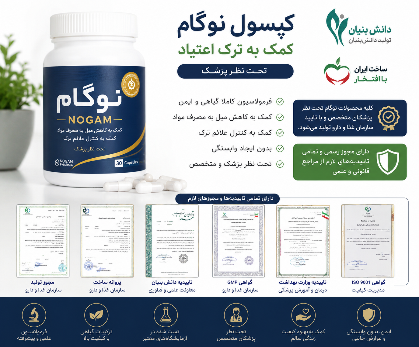 کپسول ترک اعتیادگیاهی نوگام برای روزی نیم گرم تا 1 گرم تریاک شیره و 1 تا 15 عدد قرص